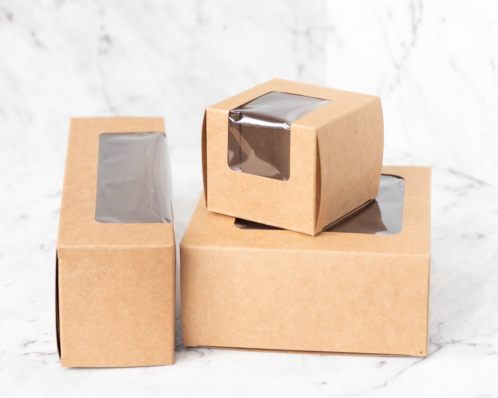 50x Kraft Paper Cupcake Box Brown Cardboard Clear Window Long Etsy