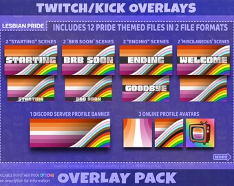 Pacchetto di overlay per lo streaming a tema Pride lesbico per Twitch, Kick, YouTube, scene di streaming, pannelli, emoticon, badge per abbonati / Download digitale