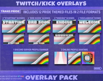Pacchetto di overlay per lo streaming a tema orgoglio trans per Twitch, espulsione, YouTube, scene di streaming, pannelli, emoticon, badge per abbonati / Download digitale