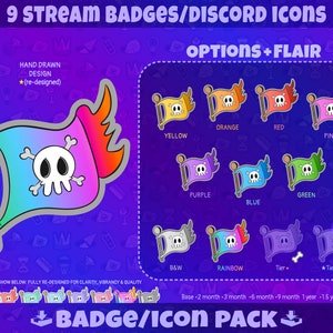 Twitch flag badges, Youtube pirate badge, skull but badges ,Kick badges, Discord role, Twitch badges, sub badges, skull emote, pirate emote