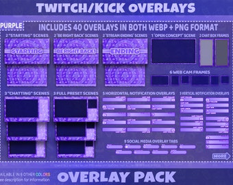 Pacchetto di sovrapposizioni viola per Twitch, kick, YouTube, scene di streaming, pannelli, emoticon, badge di abbonamento / Download digitale