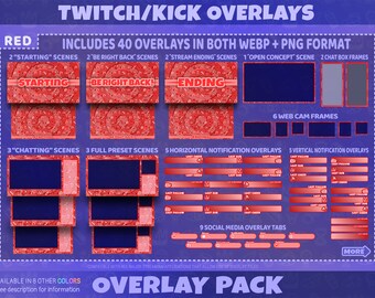 Red Stream Overlay Pack for Twitch Kick YouTube | Stream Scenes Panels Emotes Sub Badges | Digital Download