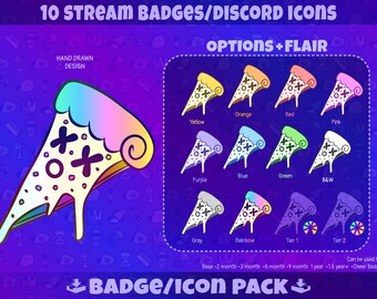 Badge Pizza per Twitch: Pacchetto di badge per lo streaming, per espellere i membri di Twitch, per YouTube, per Discord, per gli abbonati, per i badge Bit e per le icone / Download digitale