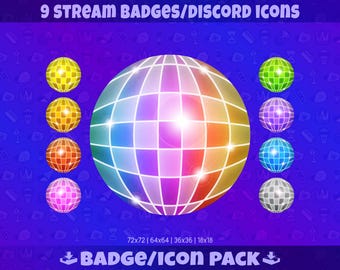 Badge Twitch con palla da discoteca: pacchetto di badge per lo streaming su Twitch, per kick su YouTube, Discord, badge per abbonati, badge Bit, icone / download digitale