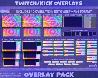 Pacchetto di overlay Rainbow Stream per Twitch, Kick, YouTube, scene di streaming, pannelli, emoticon, badge di abbonamento / Download digitale