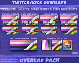 Pacchetto di overlay per lo streaming a tema Pride di genere fluido per Twitch, espulsione, YouTube, scene di streaming, pannelli, emoticon, badge per abbonati / download digitale