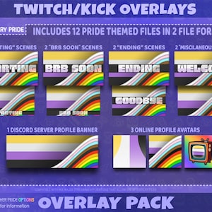 Può includere: Un pacchetto di sovrapposizioni digitali scaricabile per Twitch e Kick con un tema di bandiera del pride non binario. Il pacchetto include 12 file in due formati: scene di inizio, BRB presto, di fine e varie. Include anche un banner del profilo del server Discord e tre avatar del profilo online.
