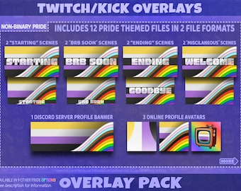 Pacchetto di overlay per streaming a tema Pride non binario per Twitch, Kick, YouTube, scene di streaming, pannelli, emoticon, badge per abbonati / Download digitale