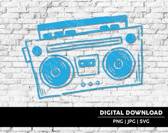 Blauw boombox-bestand gesneden | Jaren 80 retro SVG, PNG, JPG (digitale download)