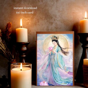 Quan Yin pastel watercolor in blue, lavender green and pink with a pink lotus flower. Instant download, blank card, can be framed. 5x7 inch