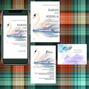 Ensemble de papeterie de mariage minimaliste gracieux cygne Modèles modifiables Téléchargement instantané numérique imprimable