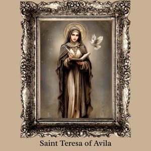 Cartolina artistica di Santa Teresa d'Avila, collezione di santi e messaggeri, stampabile su tela raffigurante santi cattolici, regalo cristiano ispiratore realizzato con intelligenza artificiale.