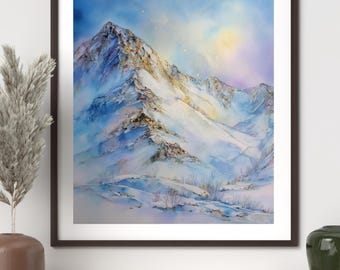 May include: A framed watercolor painting of a snow-covered mountain range under a blue and yellow sky. The artwork features detailed brushstrokes, capturing the textures of the snow and the mountain's rocky surfaces. The frame is dark brown.