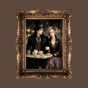 Thee voor twee in Parijs, elegante heer en dame die thee drinkt-wenskaart-vintage stijl 5 x 7 inch afdrukbare, blanco AI-kunstkaart