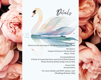 Swan Wedding Details Card Editable Template Instant Download Digital Printable
