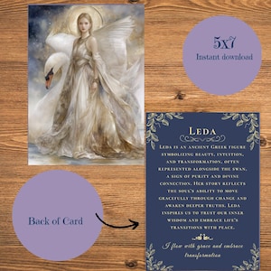 May include: A digital art print featuring Leda, an ancient Greek figure, with a swan. The artwork is in soft, muted tones with a celestial background. Text on the card reads "Leda" and "5x7 Instant download". The back of the card is also shown.