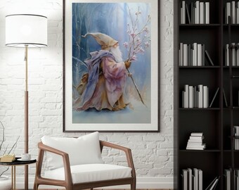 Lámina artística de gnomo invernal pastel / Póster de bosque salvia y rubor / Póster de 24 x 30
