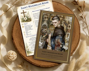 Tarjeta de altar imprimible de San Maximiliano Kolbe, tarjeta de oración católica, día de la fiesta: 14 de agosto, santo patrón del coraje, regalo de santo franciscano, 5x7