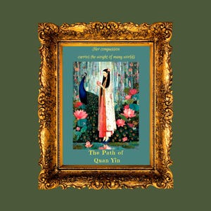 Quan Yin met Peacock-5 x 7 godin AI Art Card downloaden-goddelijke boodschappers collectie-wijsheid en uitstraling-afdrukbare bevestiging