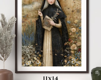 Lámina decorativa imprimible de Santa Hildegarda de Bingen / Decoración botánica cristiana / Arte de santa católica / Descarga digital de 11x14 y 8x10 pulgadas