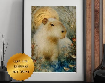 Conjunto imprimible del animal espiritual Capibara, arte mural de energía tranquila, significado del animal pacífico, estética de vida suave, regalo con simbolismo del Capibara 5x7 y 8x10