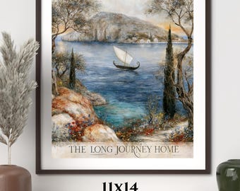 Póster de viaje de Ítaca, Grecia, Arte mural de La Odisea, Imprimible de la patria de Odiseo, Decoración de mitología griega, Arte vintage de las islas griegas