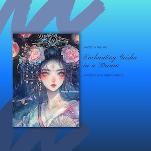 Blue Eyed Geisha Birthday Card, Fantasy watercolor, Printable, Mystical Japanese Art, Ethereal AI Card, Digital download in Canva 5x7 inch