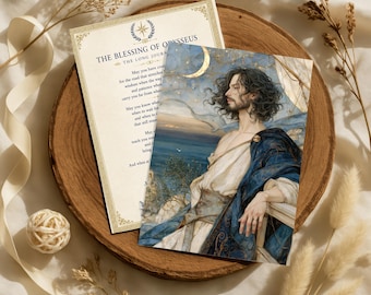 Tarjeta de bendición y lámina decorativa de Odiseo, La Odisea (mitología griega) para imprimir, Bendición del largo viaje, Regalo del rey de Ítaca