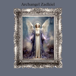Tarjeta del Arcángel Zadquiel, Arte imprimible del Ángel de la Llama Violeta, Misericordia y Transformación, Tarjeta espiritual editable de 5x7.
