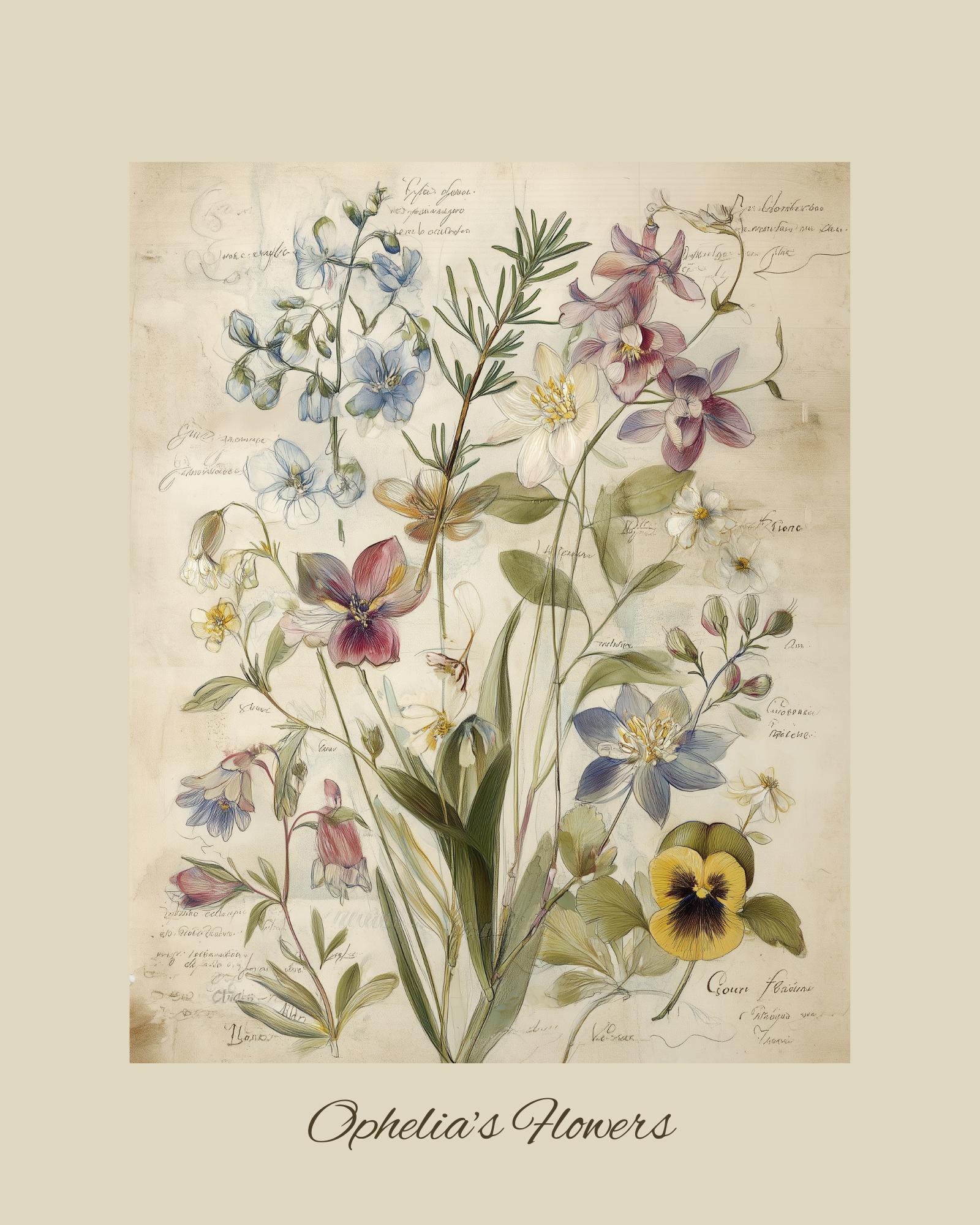 Ophelia's Flowers Poster -16x20 PDF - Romantic Wall Art - Shakespeare ...
