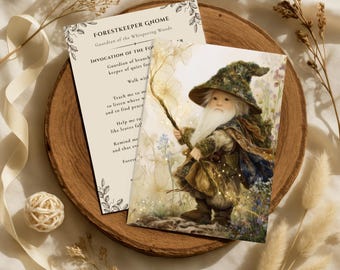 Tarjeta de altar de gnomo, imprimible de espíritu del bosque, arte mural de guardián del bosque, decoración cottagecore, colección Mundo Encantado, guardián del bosque de 5x7