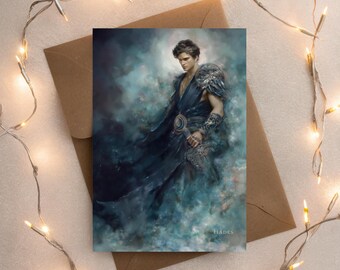 May include: Greeting card featuring a digital painting of a person in dark attire, holding a sword. The artwork has a fantasy theme with a moody, atmospheric background. The word "HADES" is visible in the bottom right corner.