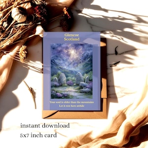 Cartão de Sonhos Imprimível Glencoe Dreaming (Cartão de Afirmação) - Download de Arte Digital 5x7 - Citação Espiritual Celta - Decoração de Parede para Lugar Sagrado - Arte de IA