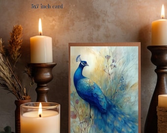Tarjeta de felicitación de pavo real en acuarela / Diseño celestial en tonos joya (descarga digital)