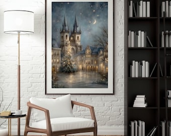 Cuadro navideño de Praga 16x20 / Paisaje urbano en acuarela pastel / Navidad celestial romántica / Navidad en el casco antiguo / Impresión de descarga instantánea