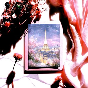 Rêve de Paris Un rêve imprimable (carte d'affirmation) inspiré de la beauté douce et de l'immobilité poétique de Paris au crépuscule.