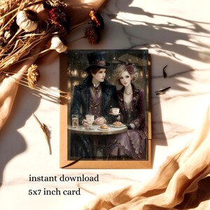 Thee voor twee in Parijs, elegante heer en dame die thee drinkt-wenskaart-vintage stijl 5 x 7 inch afdrukbare, blanco AI-kunstkaart