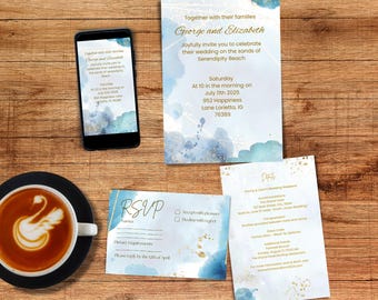 Invitación de boda costera con diseño de océano azul (imprimible)