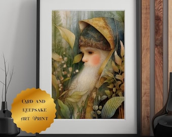 Tarjeta de altar de gnomo, imprimible de espíritu del bosque, arte mural de guardián del bosque, decoración cottagecore de la colección Mundo Encantado, 5x7 y 8x10