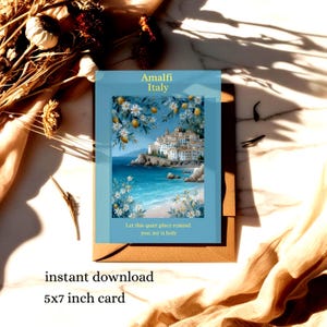 Cartão de afirmação imprimível "Sonho de Amalfi" - Arte digital 5x7 para download, Arte de parede espiritual mediterrânea - Presente sagrado de autocuidado, Arte de IA.