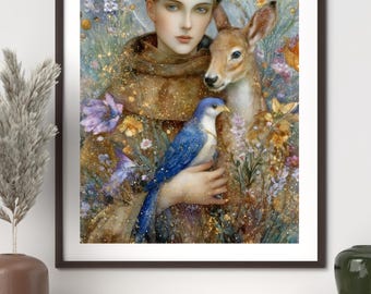 Cuadro de San Francisco de Asís, lámina del santo patrón de los animales, arte católico de la naturaleza, decoración del Día de la Tierra, pintura de aves y santos de 16x20 pulgadas.