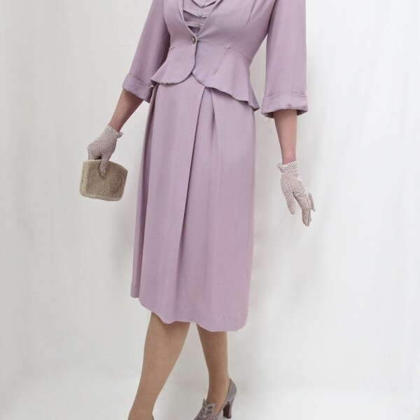So Forties Fantastic Vintage Original 1940's 40's Lilac Crepe Day Tea Dress Jacket Two Piece Suit Size 8 - 10