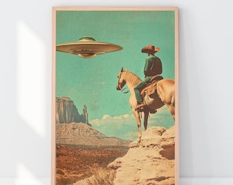 UFO Cowboy Poster, UFO Poster, UFO Landscape Print, Wild West Ufo, Western Wall Decor Desert Poster, Sci-Fi Poster, Landscape ufo Poster