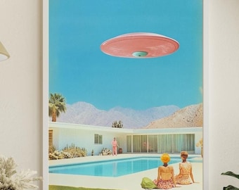 Vintage Palm Springs UFO Poster, Swimming Pool Art, Alien Art, UFO Art, Mid Century Modern, Pink UFO, Digital Print, Palm Spring, Desert Art