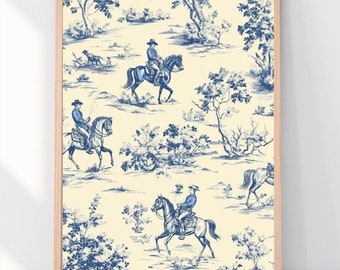 Chinoiserie Wall Art Cowboy, Toile Wall Art, Vintage Blue Digital Print ...