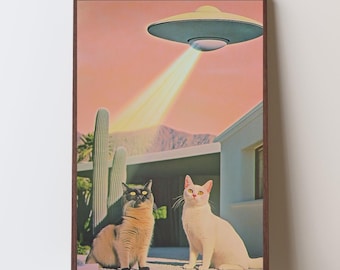 UFO art, Cat UFO Poster, Alien Art, Palm Springs Alien, Retro, Sci Fi, Mid Century Modern,Digital Print, Palm Springs, Desert Wall Art