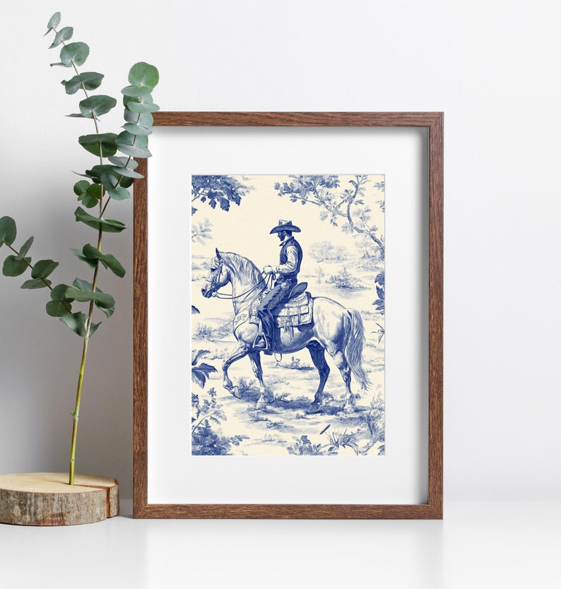Vintage Chinoiserie Cowboy Toile Print, Wild West Home Decor, Cowboy ...