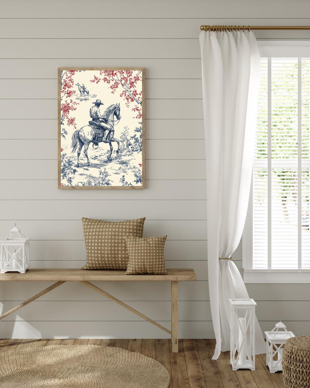 Chinoiserie Wall Art Cowboy, Toile Wall Art, Vintage Blue Digital Print ...