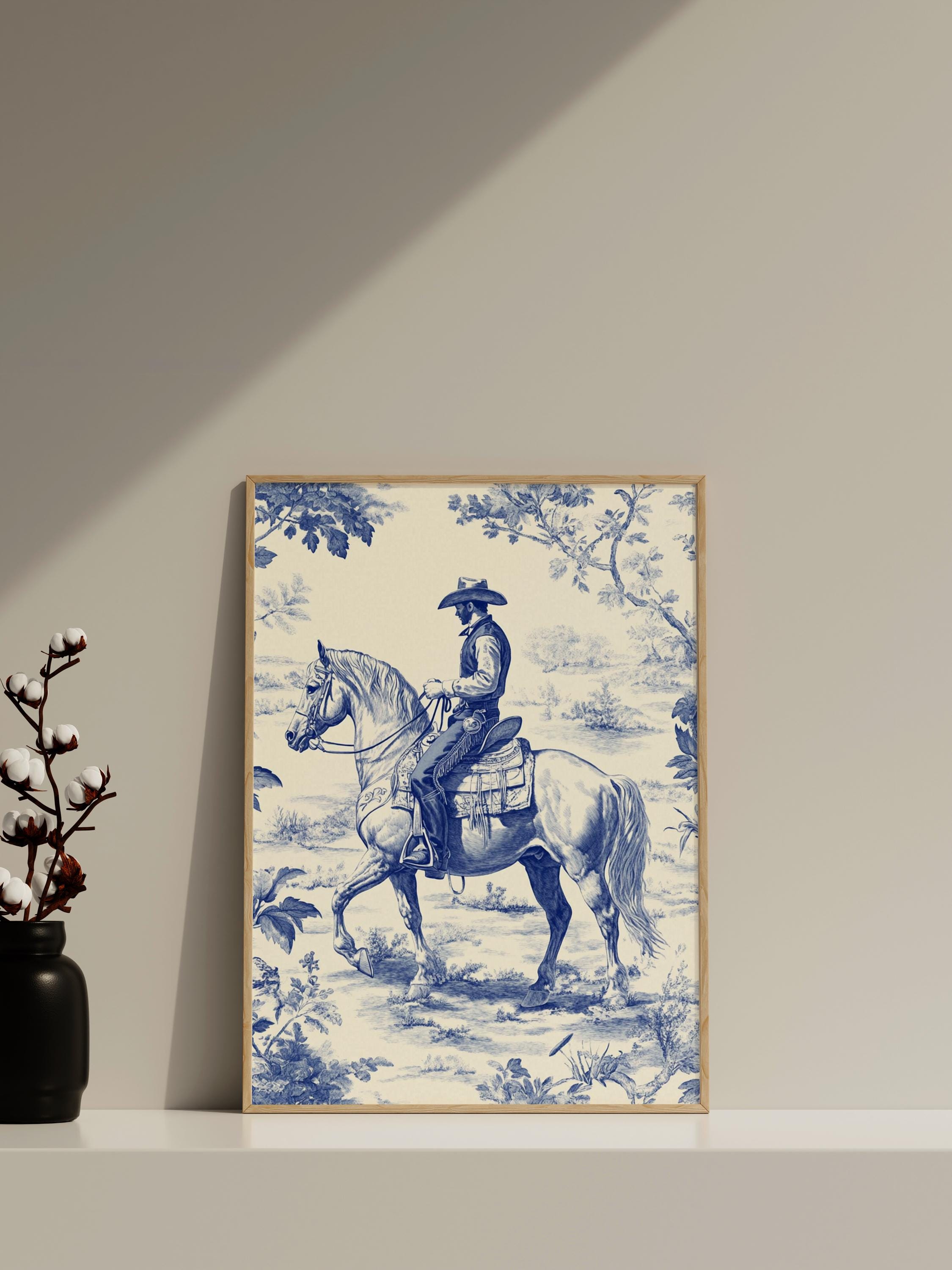Vintage Chinoiserie Cowboy Toile Print, Wild West Home Decor, Cowboy ...