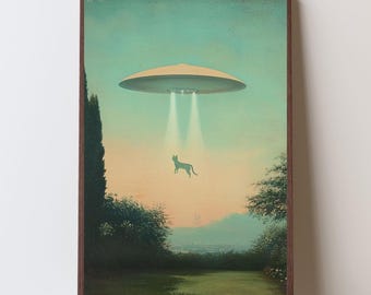 Vintage poster kat ontvoering ufo, retro scifi-kunst (digitale print)
